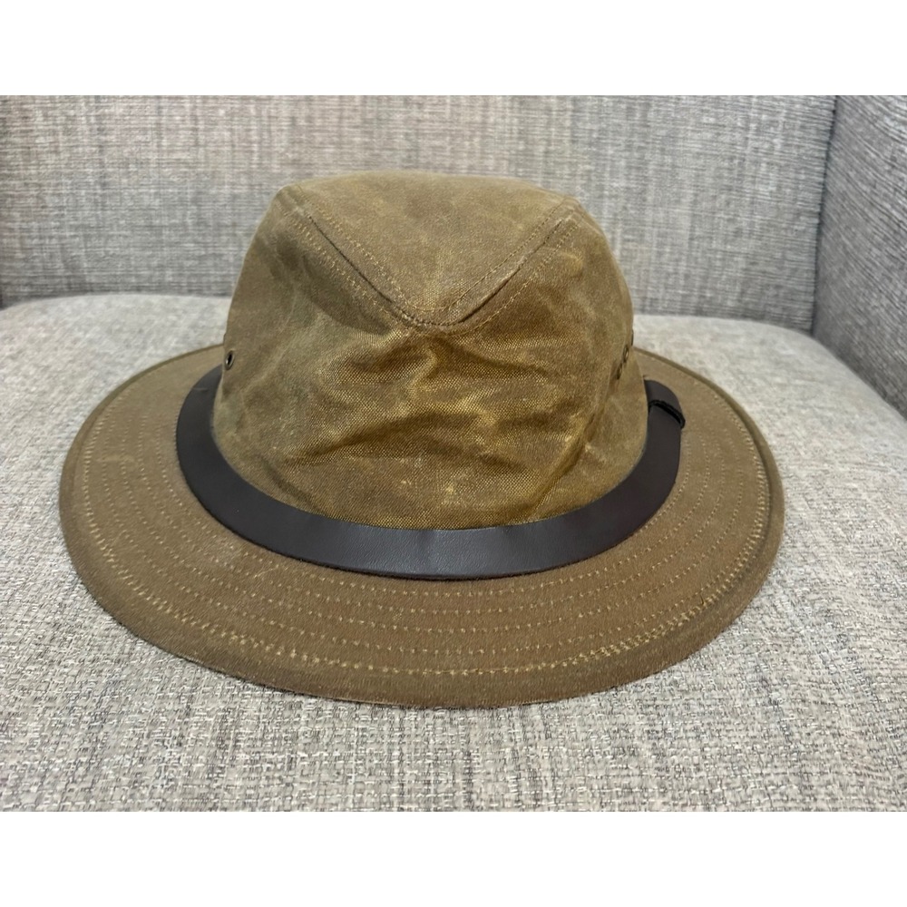 Filson Waxed Canvas Fedora Hat Large Olive Brown Leather Band Ear Flaps